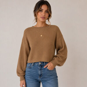 Line & Dot Brown Ribbed Knit Balloon Sleeve Sweater Womens M